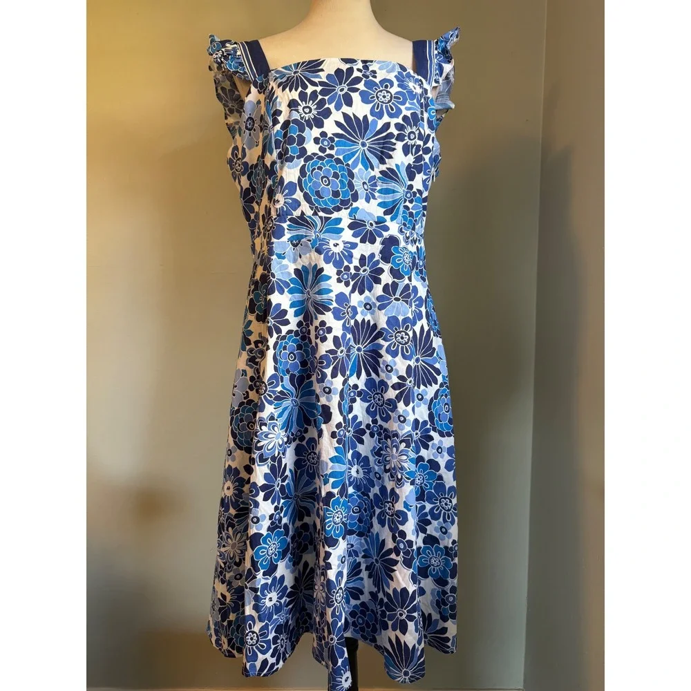 Tahari ASL BlueWhite Floral Ruffle  Cutout Fit Flare Dress 12 boho whimsi dainty - Picture 2 of 9